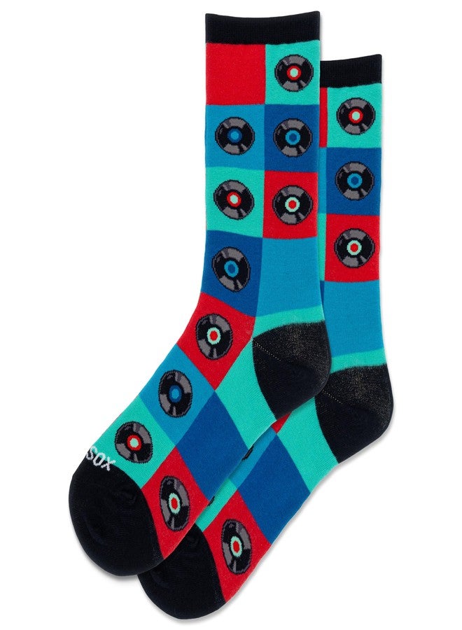 Hot Sox Women's Record Grid Crew Socks 1 Pair, Black, Women's Shoe 4-10