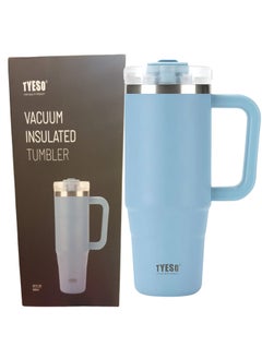 TYESO Tyeso 30 oz Tumbler with Handle, Straw and Lid - Leak Resistant Insulated Stainless Steel Water Bottle, Car Cup Holder Friendly Travel Coffee Mug (Light Blue)  - Image 1
