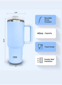 TYESO Tyeso 30 oz Tumbler with Handle, Straw and Lid - Leak Resistant Insulated Stainless Steel Water Bottle, Car Cup Holder Friendly Travel Coffee Mug (Light Blue)  - Image 2
