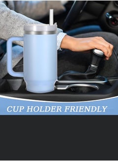 TYESO Tyeso 30 oz Tumbler with Handle, Straw and Lid - Leak Resistant Insulated Stainless Steel Water Bottle, Car Cup Holder Friendly Travel Coffee Mug (Light Blue)  - Image 5