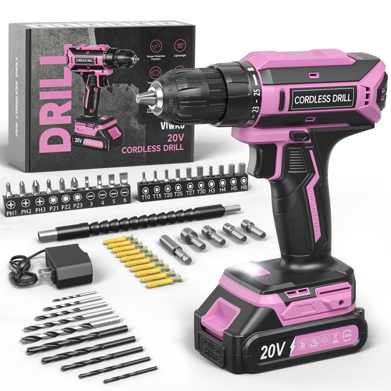 VIWKO Pink Cordless Drill Set, 20V Max PowerDrill for Women, Lightweight ElectricDrill with Power Pack and Charger, 25 Position and 56 Pcs Accessoires, Womens Drill Tools Kit for House - Image 1