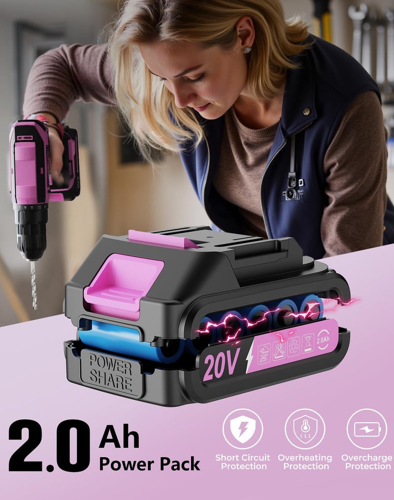 VIWKO Pink Cordless Drill Set, 20V Max PowerDrill for Women, Lightweight ElectricDrill with Power Pack and Charger, 25 Position and 56 Pcs Accessoires, Womens Drill Tools Kit for House - Image 4