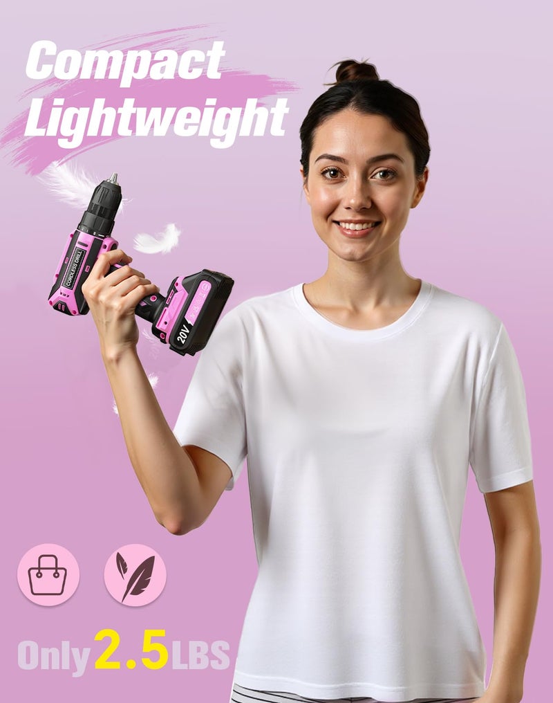 VIWKO Pink Cordless Drill Set, 20V Max PowerDrill for Women, Lightweight ElectricDrill with Power Pack and Charger, 25 Position and 56 Pcs Accessoires, Womens Drill Tools Kit for House - Image 2