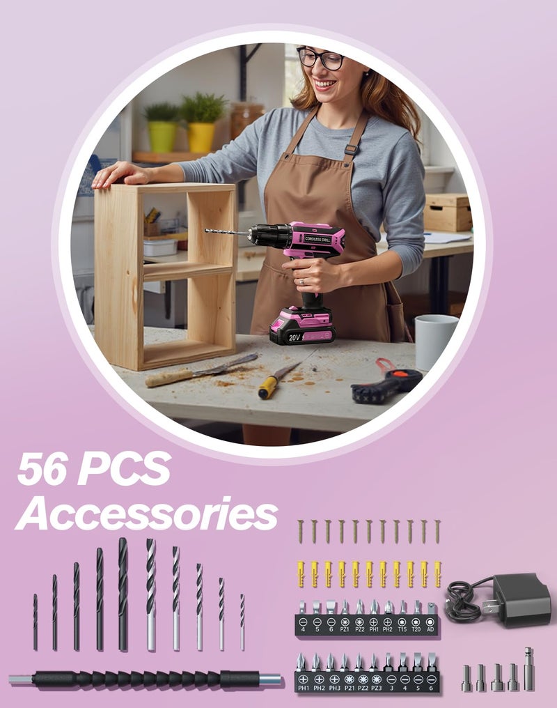VIWKO Pink Cordless Drill Set, 20V Max PowerDrill for Women, Lightweight ElectricDrill with Power Pack and Charger, 25 Position and 56 Pcs Accessoires, Womens Drill Tools Kit for House - Image 3