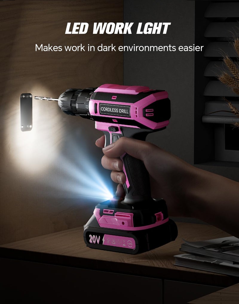 VIWKO Pink Cordless Drill Set, 20V Max PowerDrill for Women, Lightweight ElectricDrill with Power Pack and Charger, 25 Position and 56 Pcs Accessoires, Womens Drill Tools Kit for House - Image 5