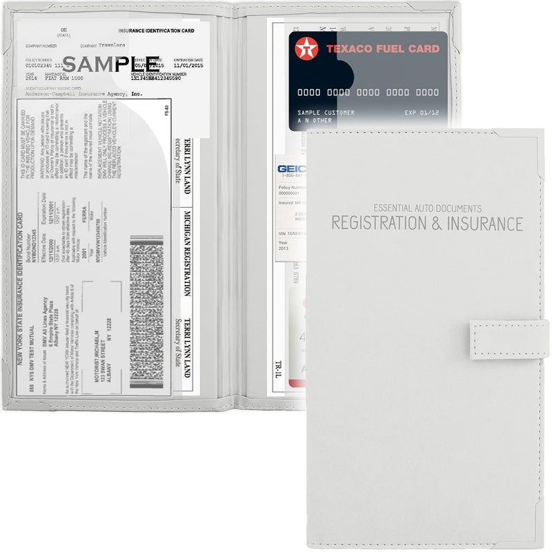 PlusXpres Auto Insurance and Registration Card Holder - Vehicle Glove Box Document Organizer - Car Essential Paperwork Holder for DMV, AAA, Contact Information Cards - Premium PU Leather Wallet Case - White - Image 1