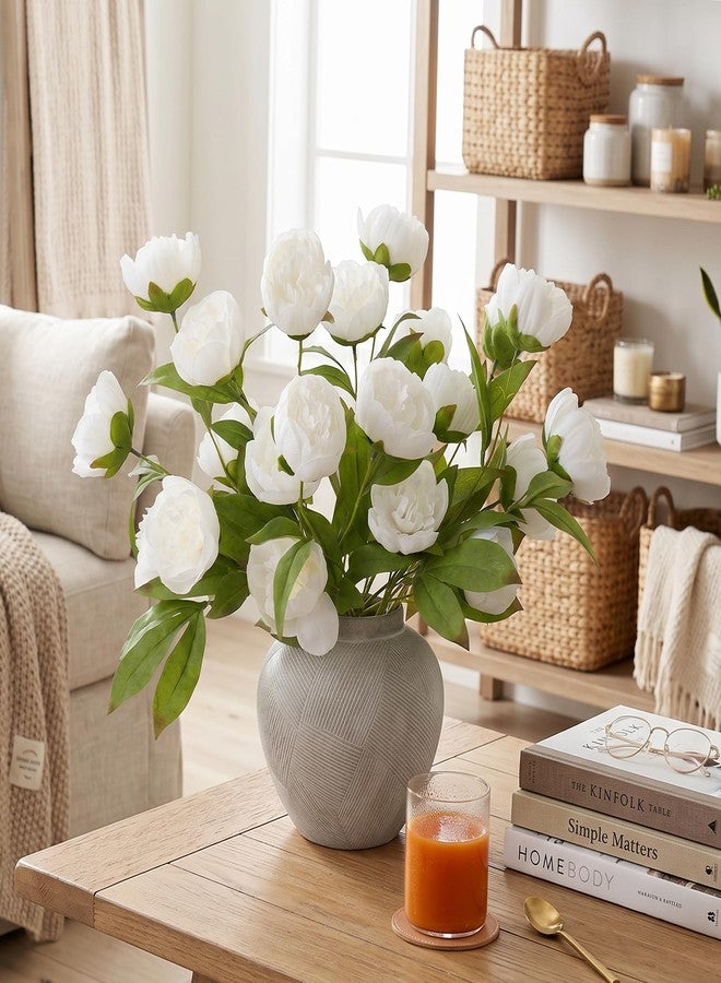 florisso 6 Pcs 27" Faux Silk Artificial Peony Flowers, Fake Peony Branches for Vase DIY Bouquet Centerpieces Wedding Shower Decorations, White - Image 4