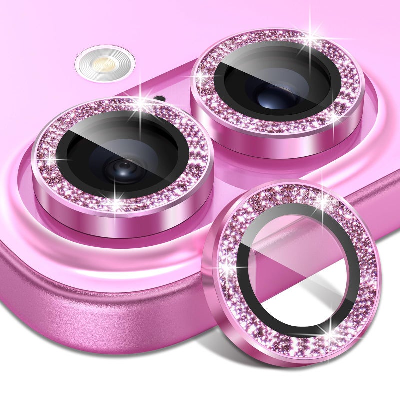 Matekxy Glitter Camera Lens Protector for iPhone-16 Plus - for iPhone 16 9H Anti-Scratch Tempered Glass with Aluminum Edging, Cute Girly Metal Individual Bling Ring Cover for Women by Matekxy, Pink - Image 1