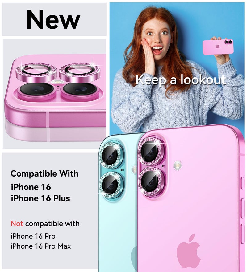 Matekxy Glitter Camera Lens Protector for iPhone-16 Plus - for iPhone 16 9H Anti-Scratch Tempered Glass with Aluminum Edging, Cute Girly Metal Individual Bling Ring Cover for Women by Matekxy, Pink - Image 2