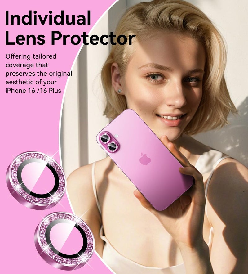 Matekxy Glitter Camera Lens Protector for iPhone-16 Plus - for iPhone 16 9H Anti-Scratch Tempered Glass with Aluminum Edging, Cute Girly Metal Individual Bling Ring Cover for Women by Matekxy, Pink - Image 4