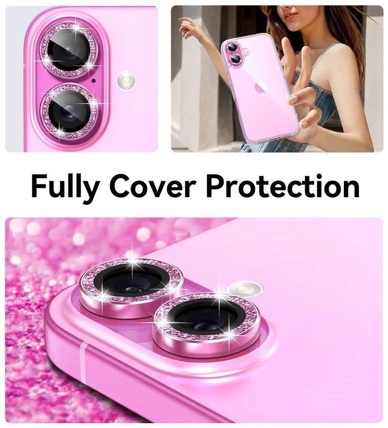 Matekxy Glitter Camera Lens Protector for iPhone-16 Plus - for iPhone 16 9H Anti-Scratch Tempered Glass with Aluminum Edging, Cute Girly Metal Individual Bling Ring Cover for Women by Matekxy, Pink - Image 5