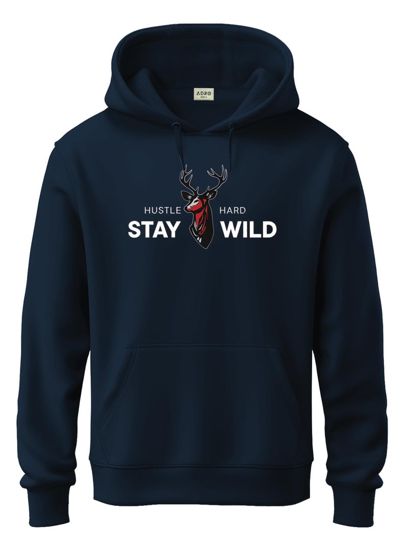 ADRO Hustle Hard Stay Wild Hoodie for Men | 320 GSM Cotton-Poly Fleece | Soft Feel, Skin-Friendly Printed Graphic Sweatshirt with Kangaroo Pocket & Drawstring Hood – Navy Blue | H25-STYD-NB-XL - Image 1