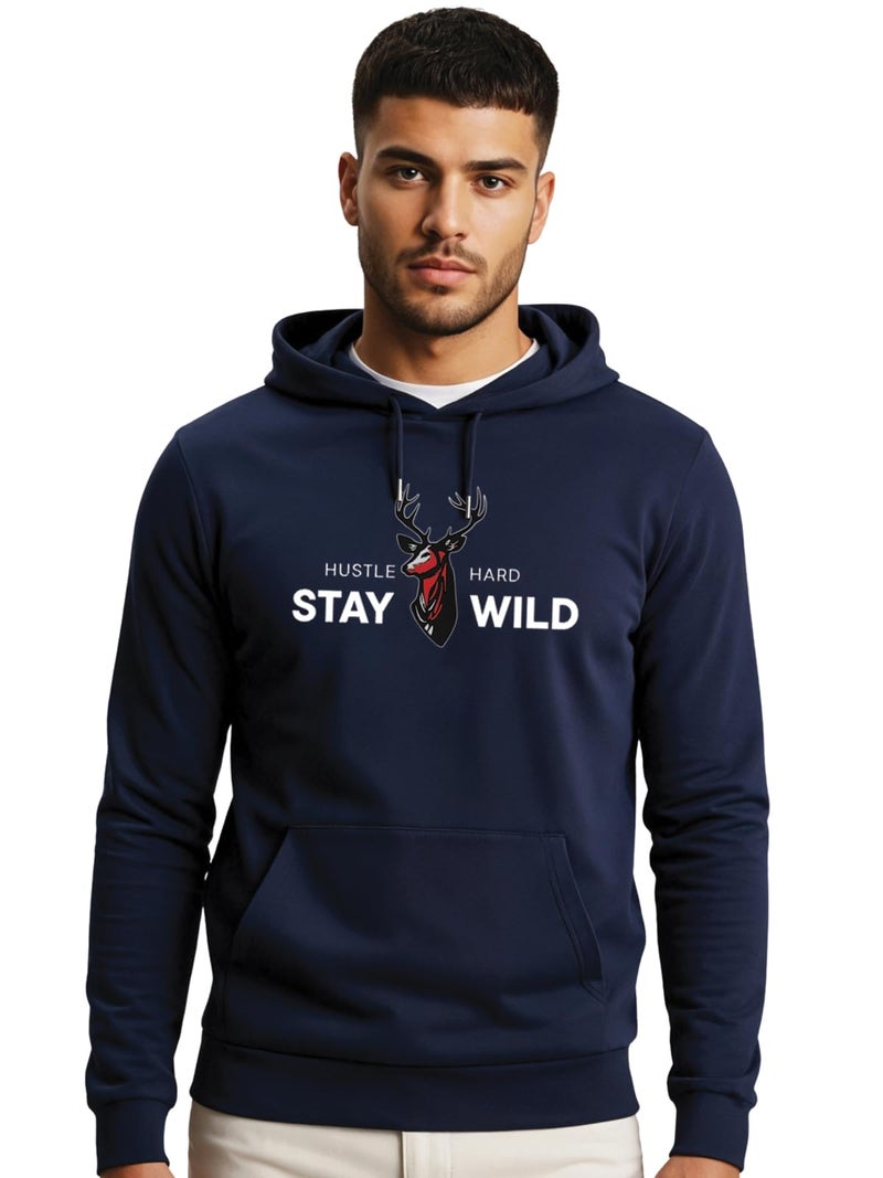 ADRO Hustle Hard Stay Wild Hoodie for Men | 320 GSM Cotton-Poly Fleece | Soft Feel, Skin-Friendly Printed Graphic Sweatshirt with Kangaroo Pocket & Drawstring Hood – Navy Blue | H25-STYD-NB-XL - Image 2