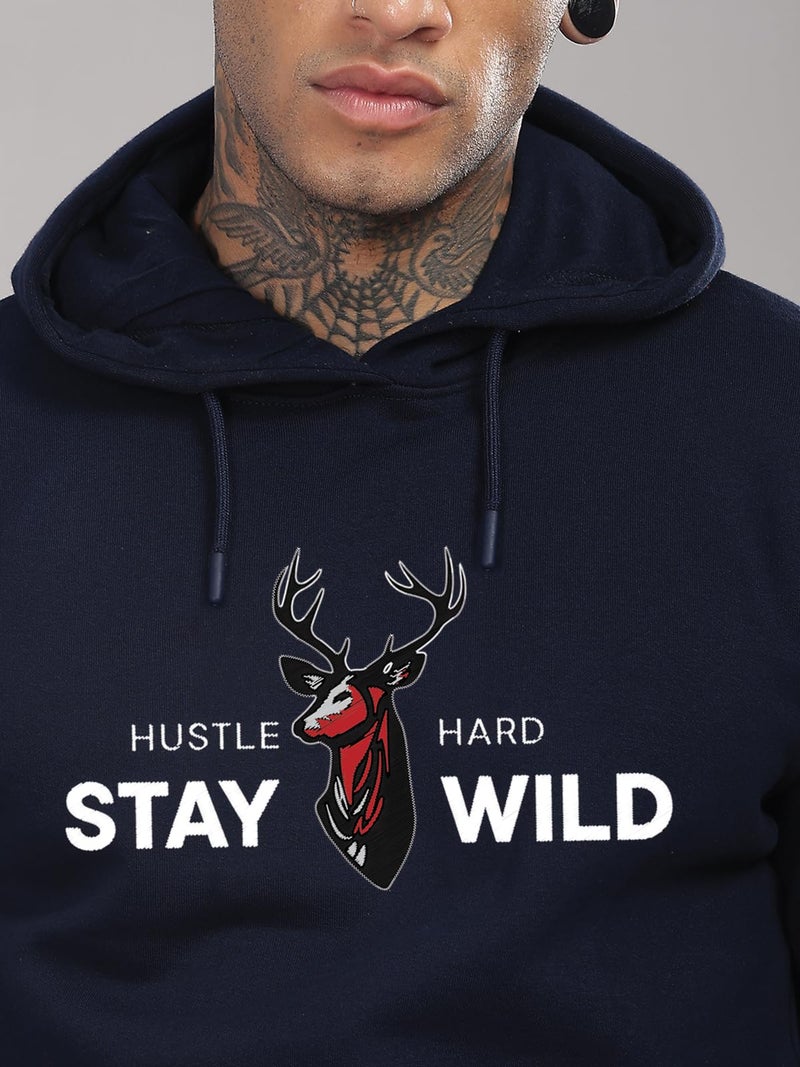 ADRO Hustle Hard Stay Wild Hoodie for Men | 320 GSM Cotton-Poly Fleece | Soft Feel, Skin-Friendly Printed Graphic Sweatshirt with Kangaroo Pocket & Drawstring Hood – Navy Blue | H25-STYD-NB-XL - Image 4