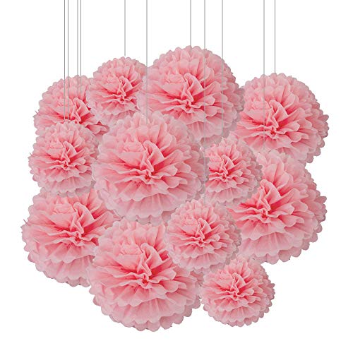 Aimto 12pcs Light Pink Paper Pom Poms Decorations for Party Ceiling Wall Hanging Tissue Flowers Decorations - 1 Color of 12 Inch, 10 Inch - Image 1