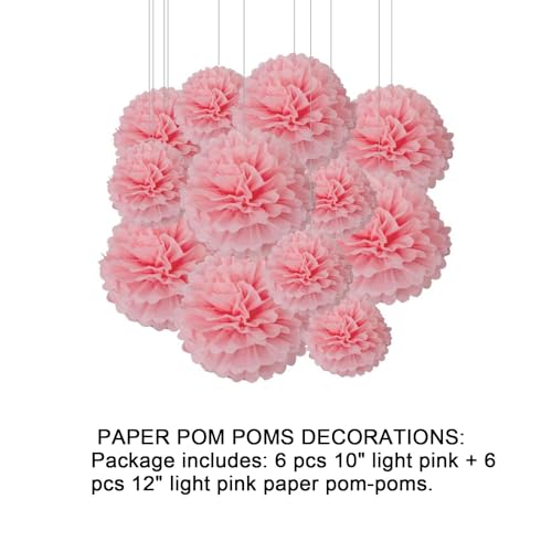 Aimto 12pcs Light Pink Paper Pom Poms Decorations for Party Ceiling Wall Hanging Tissue Flowers Decorations - 1 Color of 12 Inch, 10 Inch - Image 2