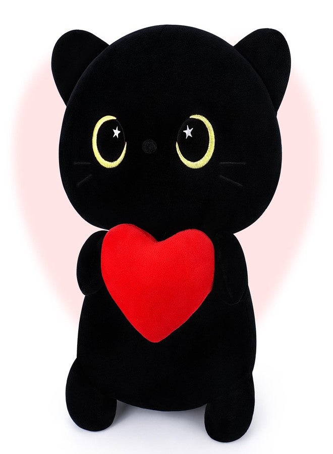 Achwishap Black Cat Plush,Cute Cat Stuffed Animal-14” Kawaii Black Cat Plush Toys Birthday Gifts for Girls Boys Adults,Cute Plushies Soft Kitten Plushie Cuddle Pillow for Kids,Red Love Heart Plush - Image 1