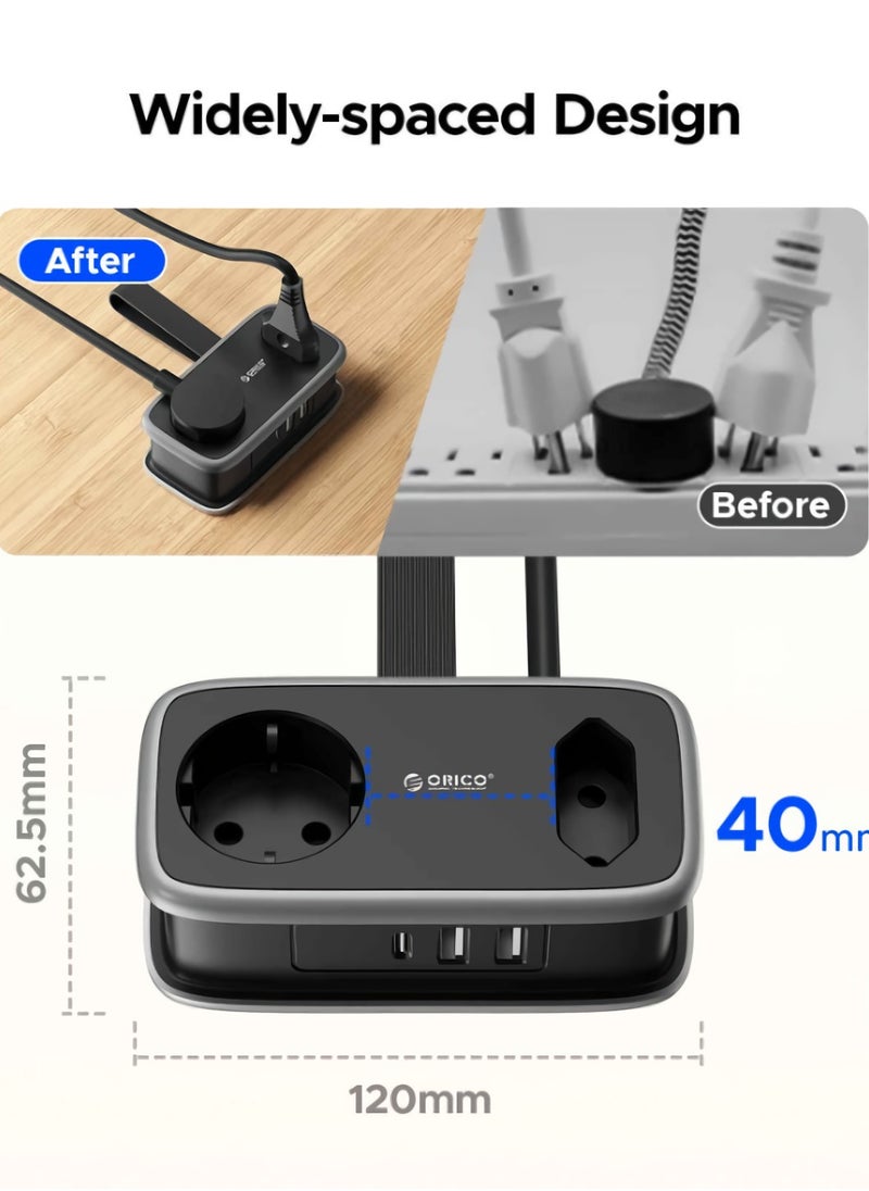 Orico - Power Strip, 5 In 1 Charging Smart Socket, Travel Mini Usb Power Strip, Packable Extension Cord With Two  Usb Outlets For Home Office Travelling, (1pc, Black, 2 Usb Outlets) - Image 1