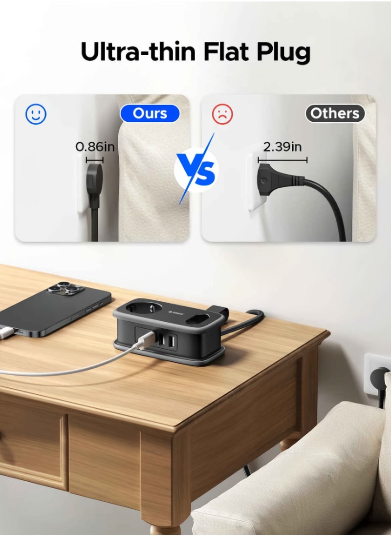 Orico - Power Strip, 5 In 1 Charging Smart Socket, Travel Mini Usb Power Strip, Packable Extension Cord With Two  Usb Outlets For Home Office Travelling, (1pc, Black, 2 Usb Outlets) - Image 1