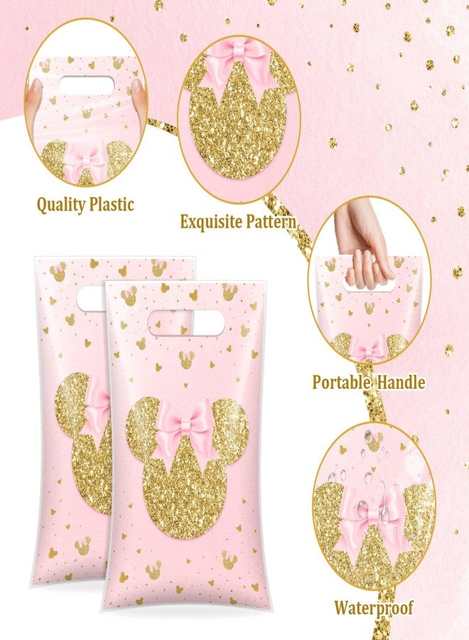 Reyoust 50Pcs Cartoon Pink Mouse Birthday Plastic Goodie Bags with Handles Gold Mouse Head Treat Gift Bags Pink Small Candy Bag for Kids Girls Birthday Baby Shower Party Favors - Image 3