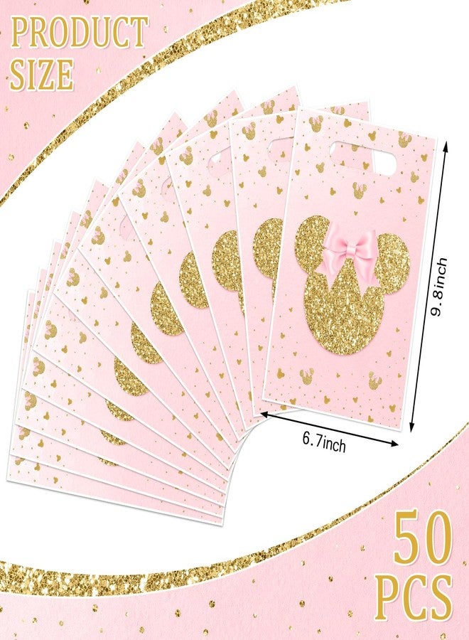 Reyoust 50Pcs Cartoon Pink Mouse Birthday Plastic Goodie Bags with Handles Gold Mouse Head Treat Gift Bags Pink Small Candy Bag for Kids Girls Birthday Baby Shower Party Favors - Image 2