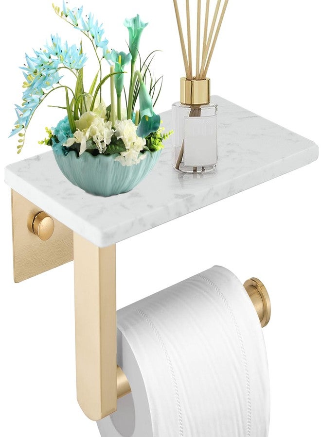 BATHLAVISH Toilet Paper Holder with Marble Shelf, 304 Stainless Steel Tissue Hand Holder Wall Mounted Toilet Paper Roll Hold with Phone Shelf for Bathroom Kitchen Washroom Bedroom, Brushed Gold - Image 1