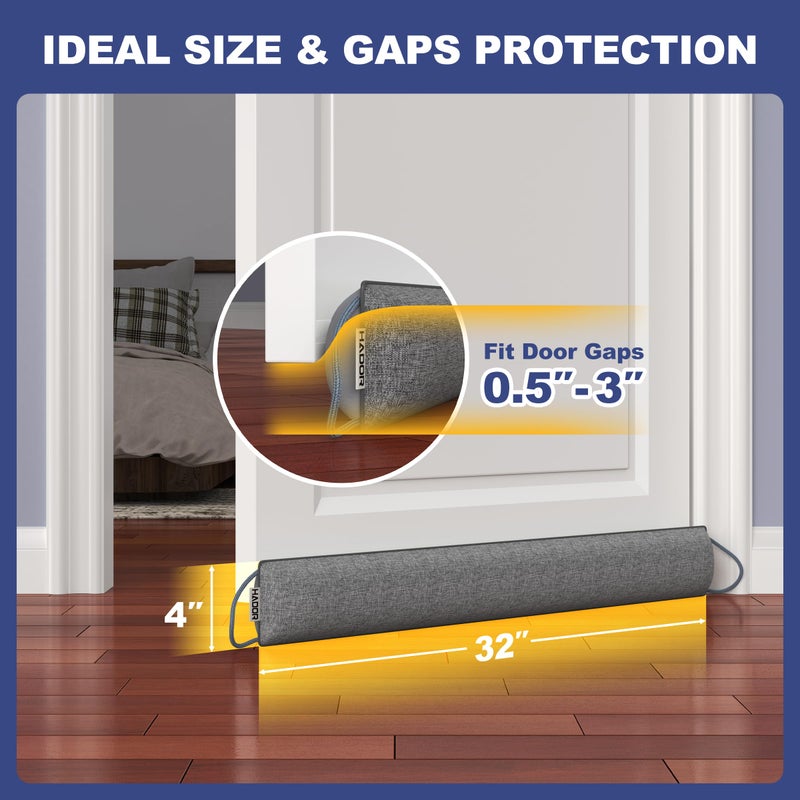 HADOR 32 Inch Weighted Door Draft Stopper - Under Door Snake Pillow, Blocks Cold Air/Wind/Noise, Heavy Duty Soundproof Bottom Filler (Covers Gaps Up to 3"), Winter Patio Sliding Window Seal, Grey - Image 3