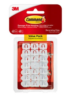 Command Decorating Clips, 40 Clips and 48 Command Strips, Damage Free Hanging Light Clips with Adhesive Strips, No Tools Small Wall Clips for Hanging Lights and Cables for Christmas Decorations