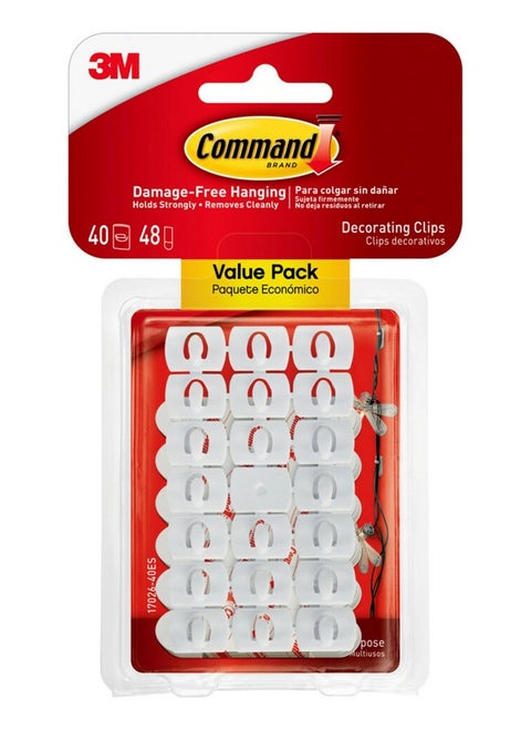 Command Decorating Clips, 40 Clips and 48 Command Strips, Damage Free Hanging Light Clips with Adhesive Strips, No Tools Small Wall Clips for Hanging Lights and Cables for Christmas Decorations