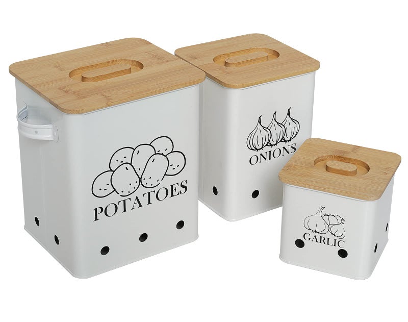 Gdfjiy Kitchen Canisters Set Storage Bin for Potato Onion  Garlic 3 Pack Set Countertop Pots Containers with Wooden Lid  Potato Storage Garlic Bin Onion Keeper Tin with Aerating HolesWhite