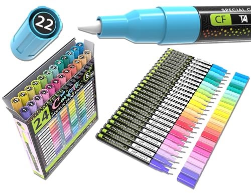 TOOLI-ART 24 Confetti Colors Acrylic Paint Pens Markers Set 07mm Extra Fine Tip Rock Painting Glass Mugs Wood Metal Canvas Ceramics DIY Projects Illustration Non Toxic Waterbased Quick Drying - Image 1