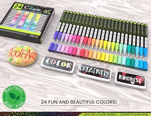 TOOLI-ART 24 Confetti Colors Acrylic Paint Pens Markers Set 07mm Extra Fine Tip Rock Painting Glass Mugs Wood Metal Canvas Ceramics DIY Projects Illustration Non Toxic Waterbased Quick Drying - Image 3