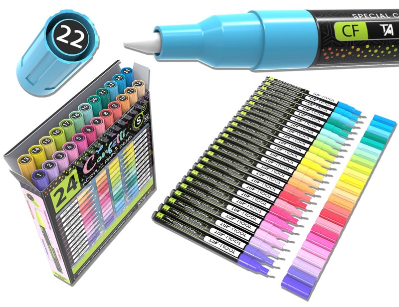 TOOLI-ART 24 Confetti Colors Acrylic Paint Pens Markers Set 07mm Extra Fine Tip Rock Painting Glass Mugs Wood Metal Canvas Ceramics DIY Projects Illustration Non Toxic Waterbased Quick Drying - Image 2