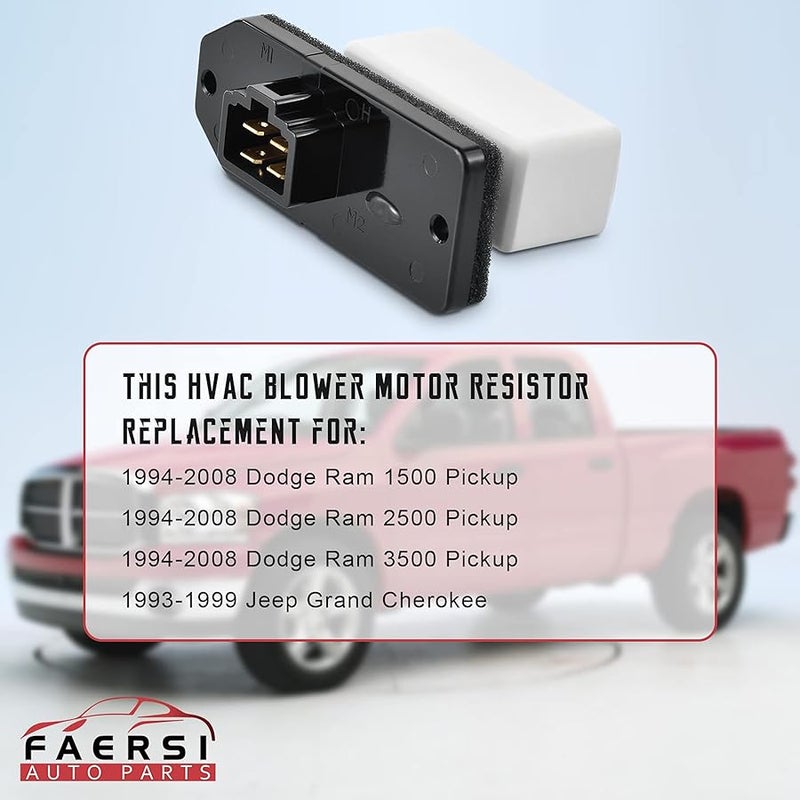 FAERSI HVAC Fan Blower Motor Resistor Replacement for 1994-2008 Dodge Ram 1500 2500 3500 Pickup,1993-1999 Grand Cherokee Replaces RU109 973020 4720278 68004241AA 6800459AA 5012212AA HVAC Fan Resistor - Image 5