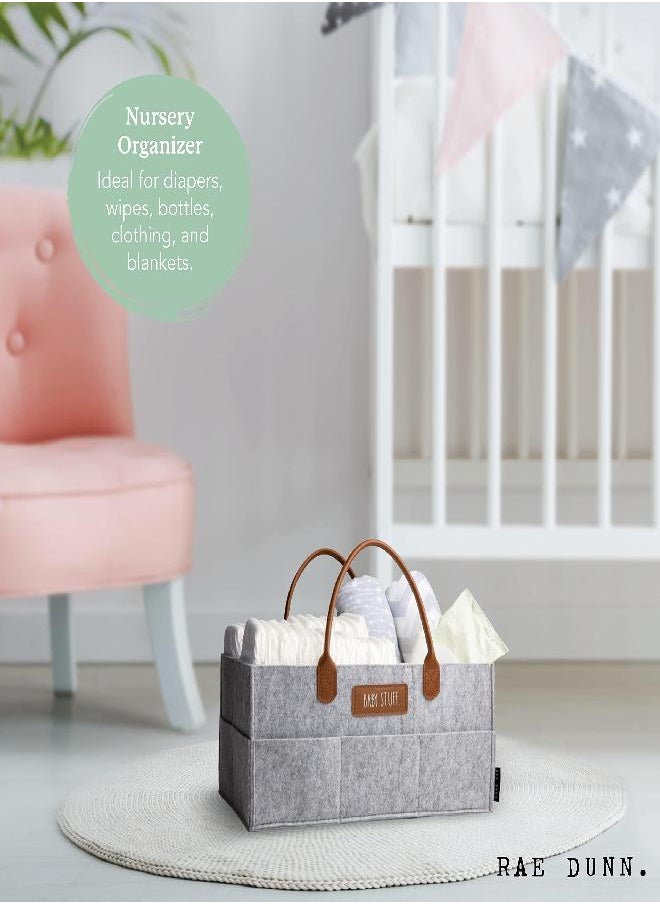 Rae Dunn Rae Dunn Baby Diaper Caddy Organizer, Baby Stuff Storage Organizer for Nursery, Changing Table and Car, Portable Basket for Baby Items, Baby Shower Gifts, Grey Felt with Leather Handles, Large  - Image 1