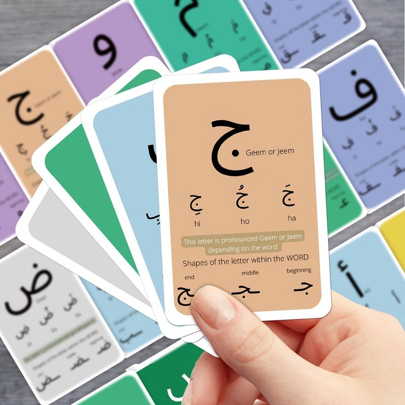 28 Arabic Letter Cards Educational Flashcards With Letter Markers Pronunciation Guides Interactive Writing On The Back Suitable For Beginners Office Decoration Cards Culturally Enriching Cards For Ramadan 28pcs - Image 1