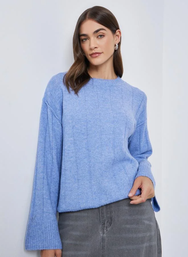 Styli Medium Blue Regular Fit Brushed Yarn Ribbed Sweater