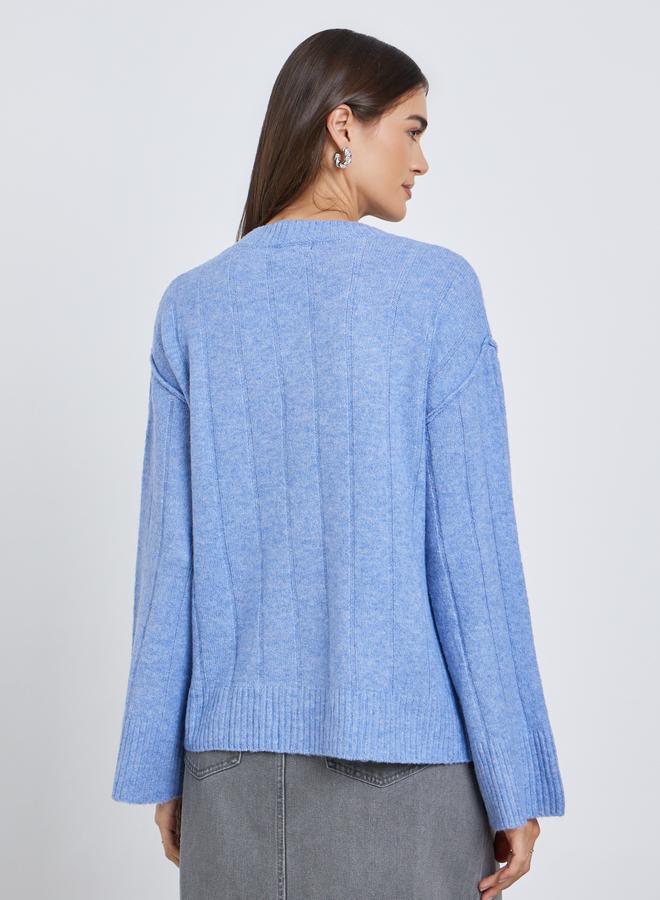 Styli Medium Blue Regular Fit Brushed Yarn Ribbed Sweater - Image 4