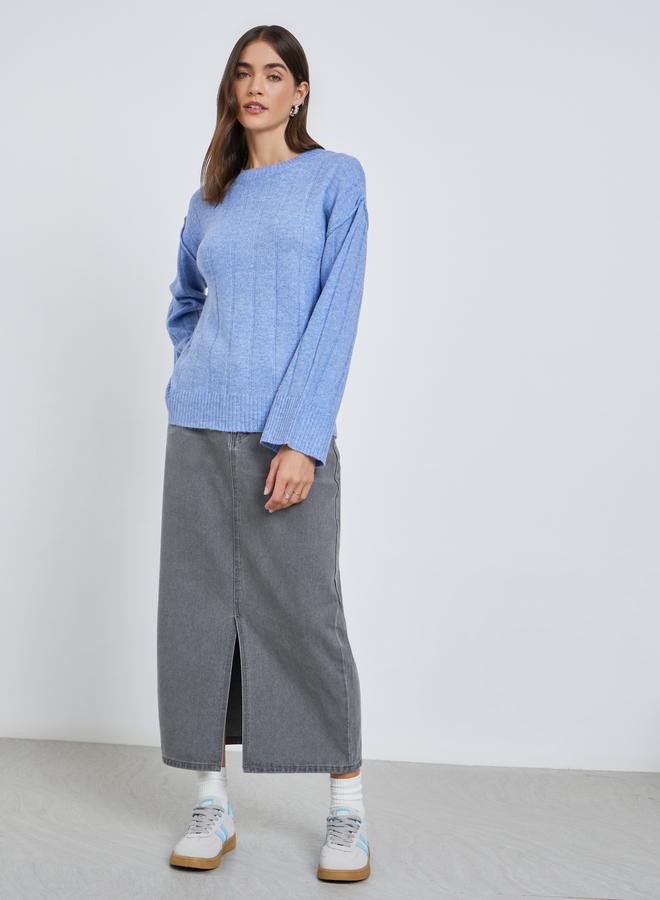 Styli Medium Blue Regular Fit Brushed Yarn Ribbed Sweater - Image 2