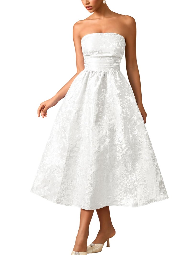 ShawGobow Strapless Corset Dress,Jacquard Formal Midi Dresses for Women,Wedding Guest Cocktail Party Outfits White Small - Image 1