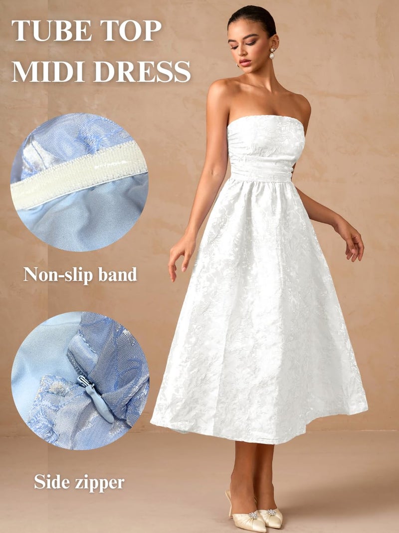 ShawGobow Strapless Corset Dress,Jacquard Formal Midi Dresses for Women,Wedding Guest Cocktail Party Outfits White Small - Image 4