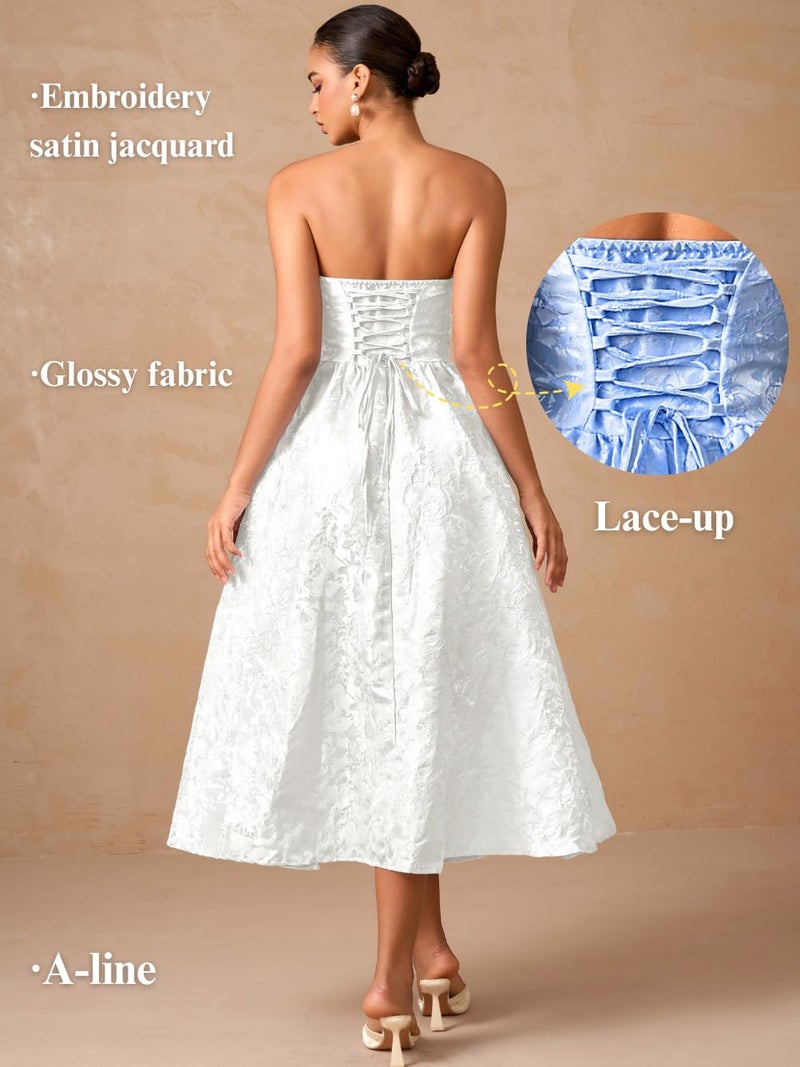 ShawGobow Strapless Corset Dress,Jacquard Formal Midi Dresses for Women,Wedding Guest Cocktail Party Outfits White Small - Image 5
