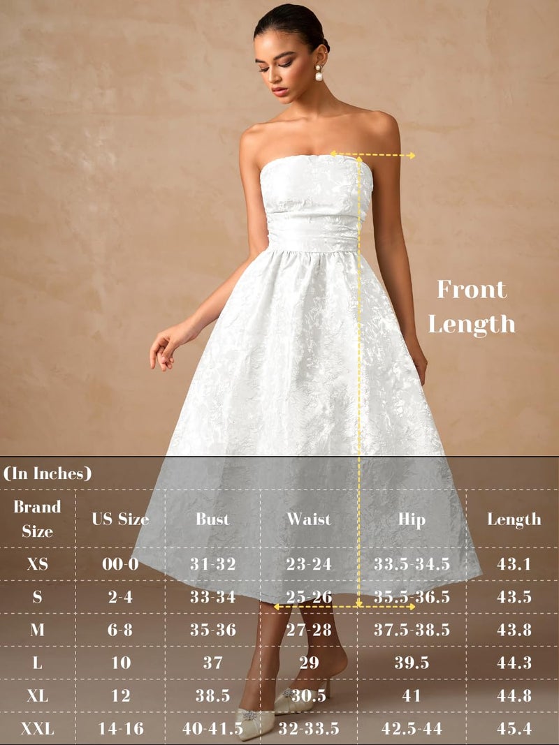 ShawGobow Strapless Corset Dress,Jacquard Formal Midi Dresses for Women,Wedding Guest Cocktail Party Outfits White Small - Image 2