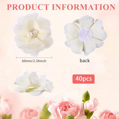 beinkmake 40Pcs Rhinestone Pearl Chiffon Flowers Sewing Fabric Appliques for Clothing Light Yellow Fabric Flowers DIY Hair Dressing Accessories for Women, Diameter 2.36 in - Image 2