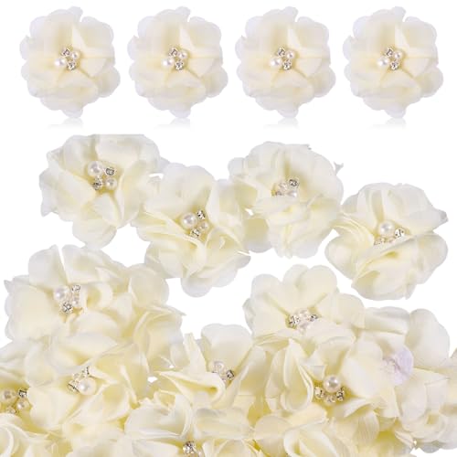 beinkmake 40Pcs Rhinestone Pearl Chiffon Flowers Sewing Fabric Appliques for Clothing Light Yellow Fabric Flowers DIY Hair Dressing Accessories for Women, Diameter 2.36 in - Image 1