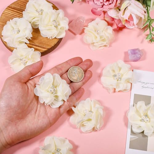 beinkmake 40Pcs Rhinestone Pearl Chiffon Flowers Sewing Fabric Appliques for Clothing Light Yellow Fabric Flowers DIY Hair Dressing Accessories for Women, Diameter 2.36 in - Image 3