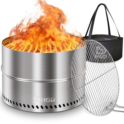 HGD 19.5 Inch Smokeless Firepit with Grill, Portable Wood Burning Fire Pit for Camping & Backyard, Stainless Steel Outdoor Fireplace with Travel Bag, Easy Setup & Compact Storage - Foldable Design - Image 1