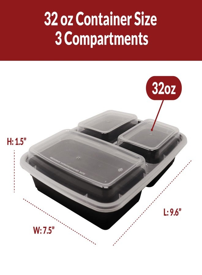 Reli. Meal Prep Containers, 32 oz. | 40 Pack | 3 Compartment Food Container w/Lids | Microwavable Food Storage, To Go | Black Reusable Bento Box/Lunch Box for Meal Prep - Image 3