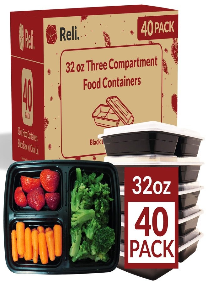 Reli. Meal Prep Containers, 32 oz. | 40 Pack | 3 Compartment Food Container w/Lids | Microwavable Food Storage, To Go | Black Reusable Bento Box/Lunch Box for Meal Prep - Image 1