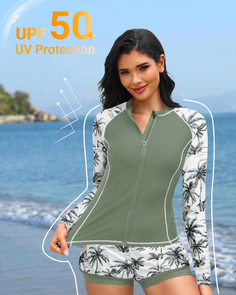 Daci Green Palm Tree 3 Piece Rash Guard for Women - Long Sleeve Swimsuits with Shorts SPF Zip up Swim Shirt with Built in Bra XL - Image 3
